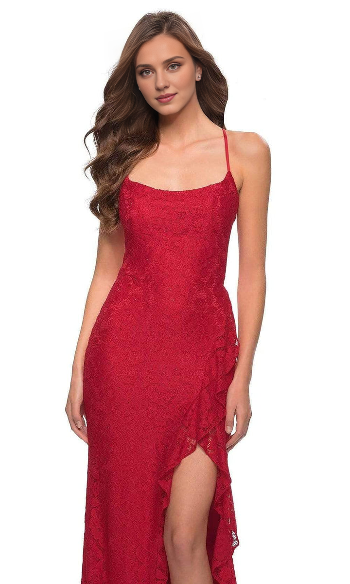 Formal Women's Dresses/ Spaghetti straps Crisscross Strapped Open Back Ruffle Slit Lace Sheath Prom Dress/ Prom Dress In Store