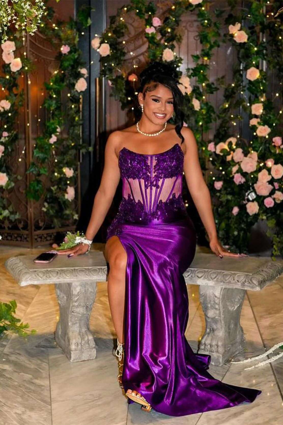 Formal Women's Dresses Strapless Black Sheer Appliques Fitted Long With Hight Slit Evening Dress Prom Dress Prom Dress In Store