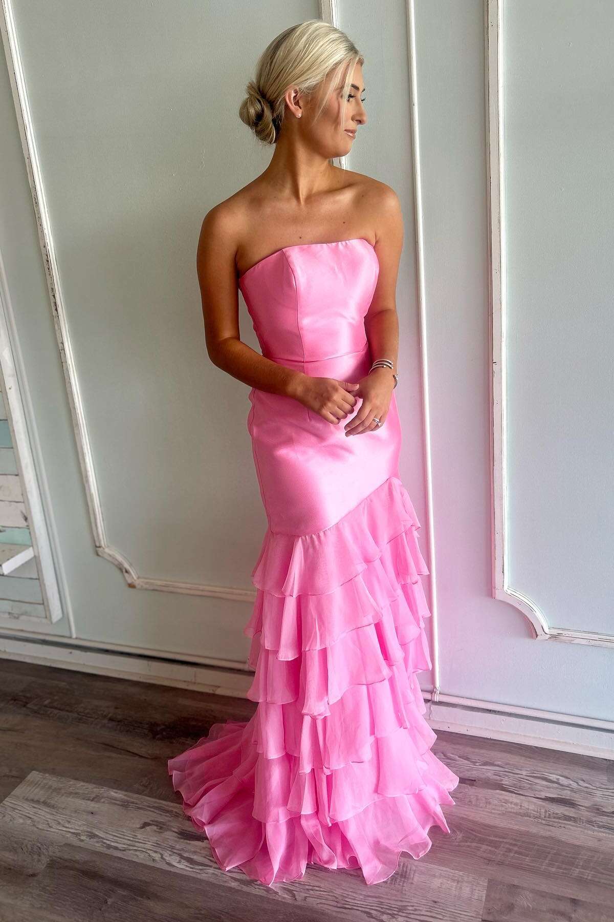 Formal Women's Dresses Strapless Hem Tiered Pink Fitted Ruffle Long With Slit Party Prom Dress Prom Dress In Store