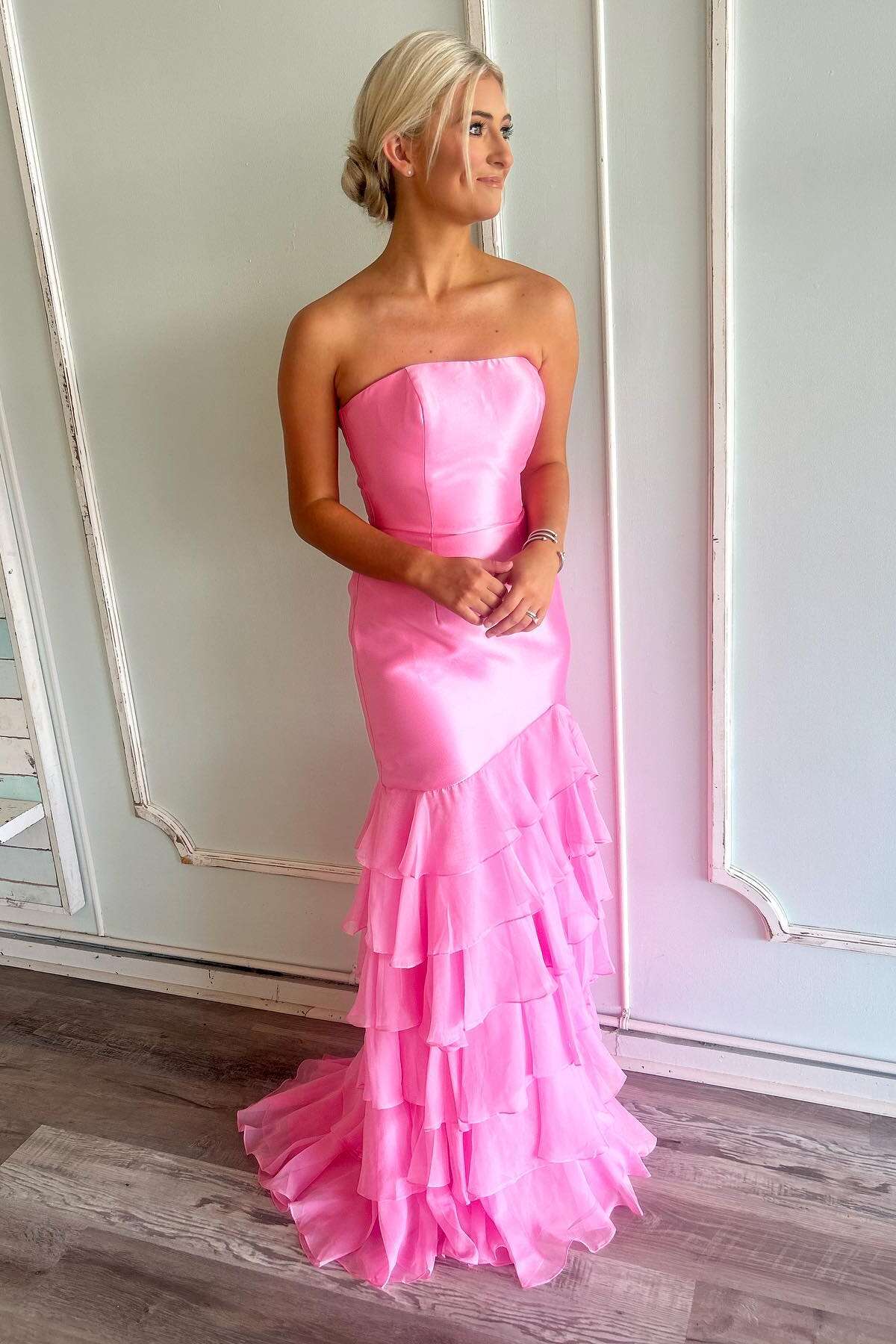 Formal Women's Dresses Strapless Hem Tiered Pink Fitted Ruffle Long With Slit Party Prom Dress Prom Dress In Store