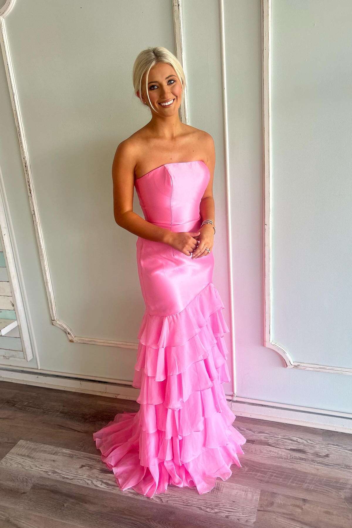 Formal Women's Dresses Strapless Hem Tiered Pink Fitted Ruffle Long With Slit Party Prom Dress Prom Dress In Store