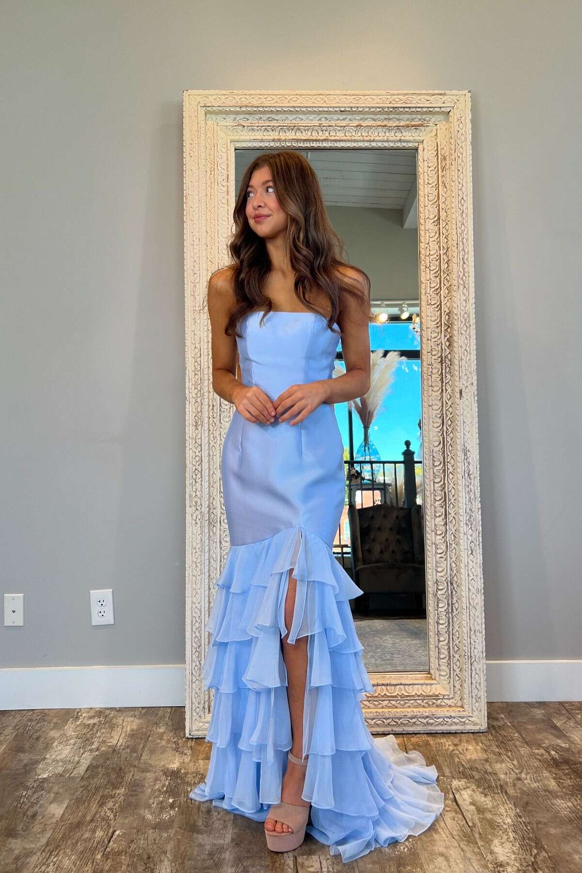 Formal Women's Dresses Strapless Hem Tiered Pink Fitted Ruffle Long With Slit Party Prom Dress Prom Dress In Store