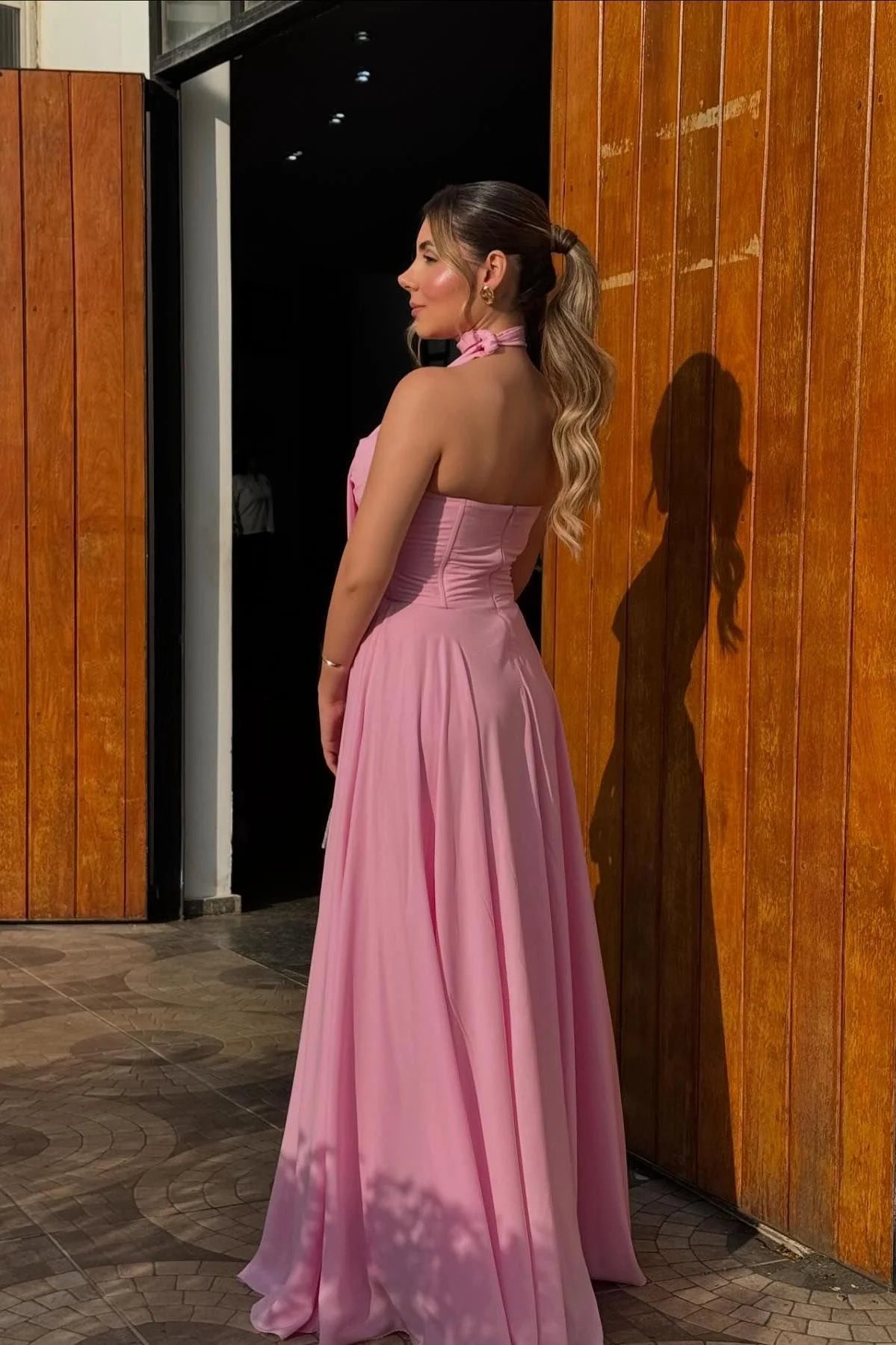 Formal Women's Dresses Strapless Pink Chiffon A-line Long Formal Dress Backless Prom Dress Prom Dress In Store