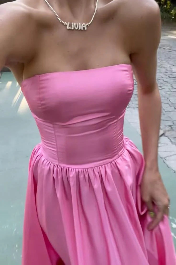 Robe de soirée longue rose sans bretelles pour femme, coupe trapèze, longueur au sol, robe de bal, en magasin 