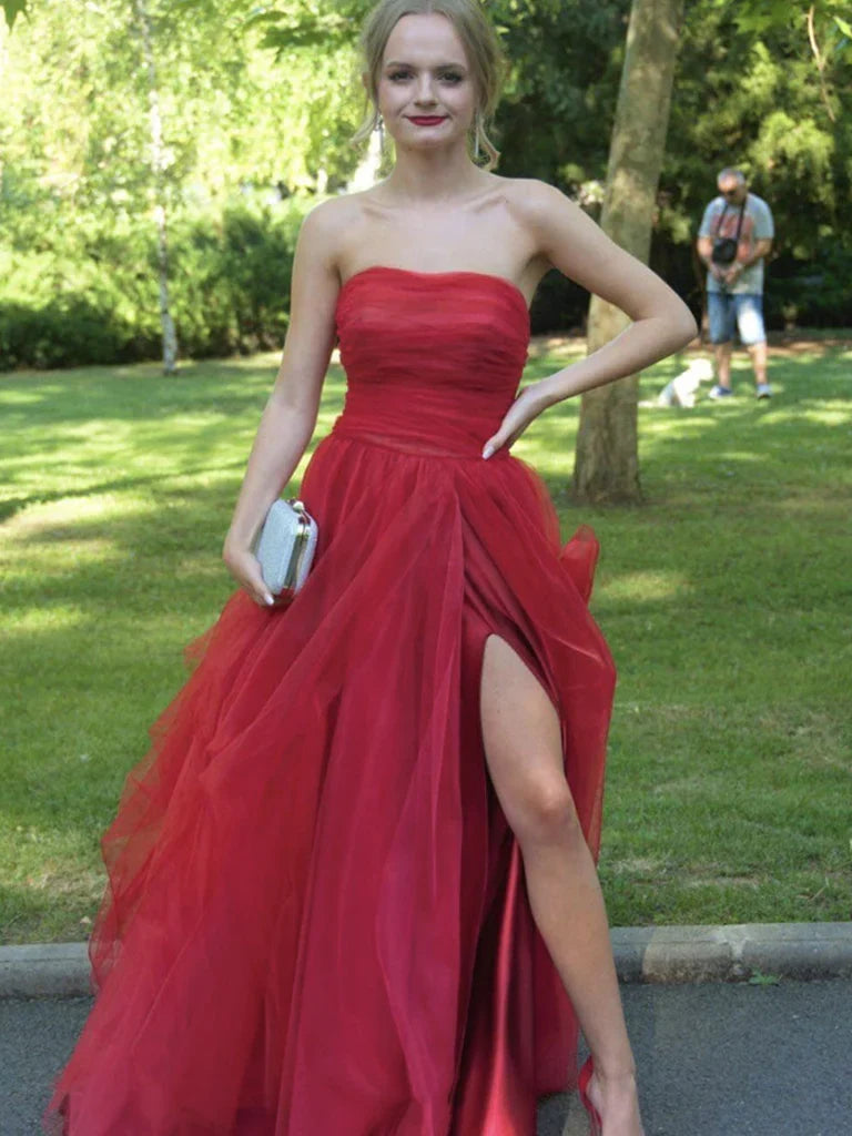 Formal Women's Dresses Strapless Red Tulle Long Prom Dresses Red Tulle Long Formal Evening Dresses / Prom Dress Shop