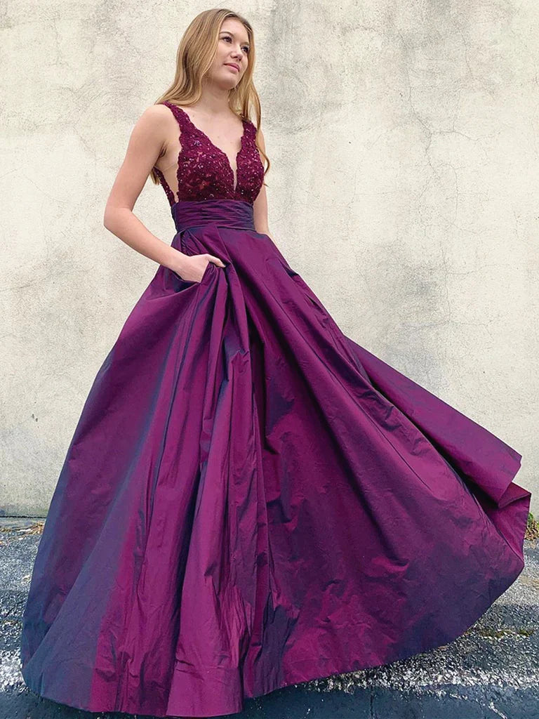 Formal Women's Dresses V Neck Backless Purple Lace Prom Dresses V Neck Open Back Purple Lace Formal Evening Dresses / Prom Dress Shop