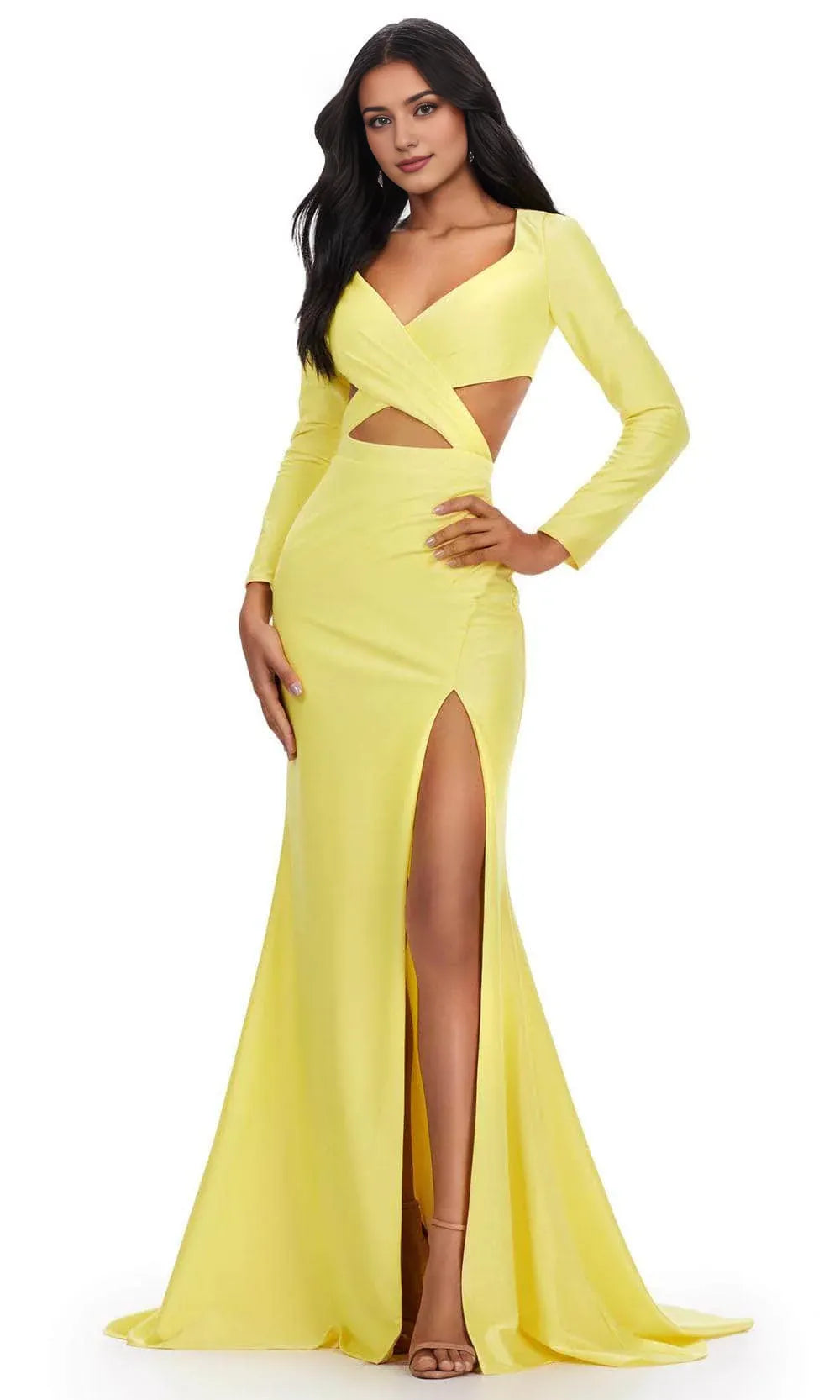 Formal Women's Dresses V Neck Long Sleeve Cut Out Waist With Side Slit Prom Dress / Prom Dresses Stores