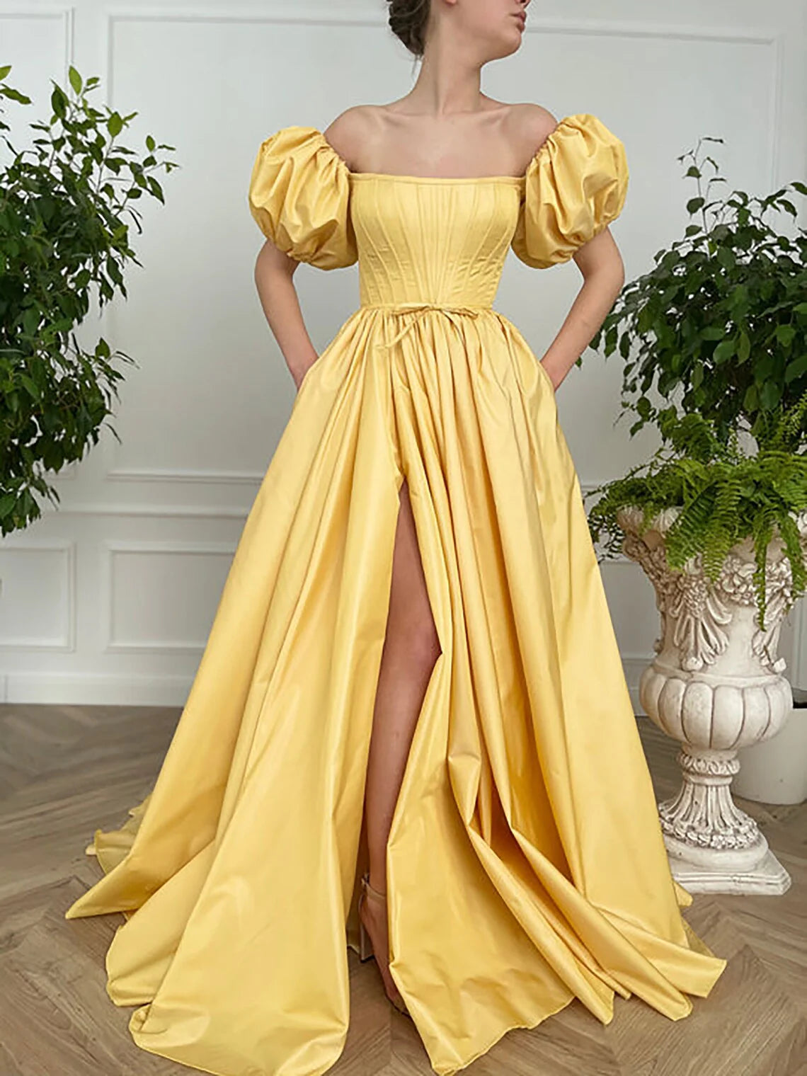 Formal Women's Dresses Vintage Fairy Corset Dress A line Straight Long Yellow Prom Dress Ball Gown Short Sleeve Wedding Ball Gown Prom Dress with Slit  Prom Dress Shop