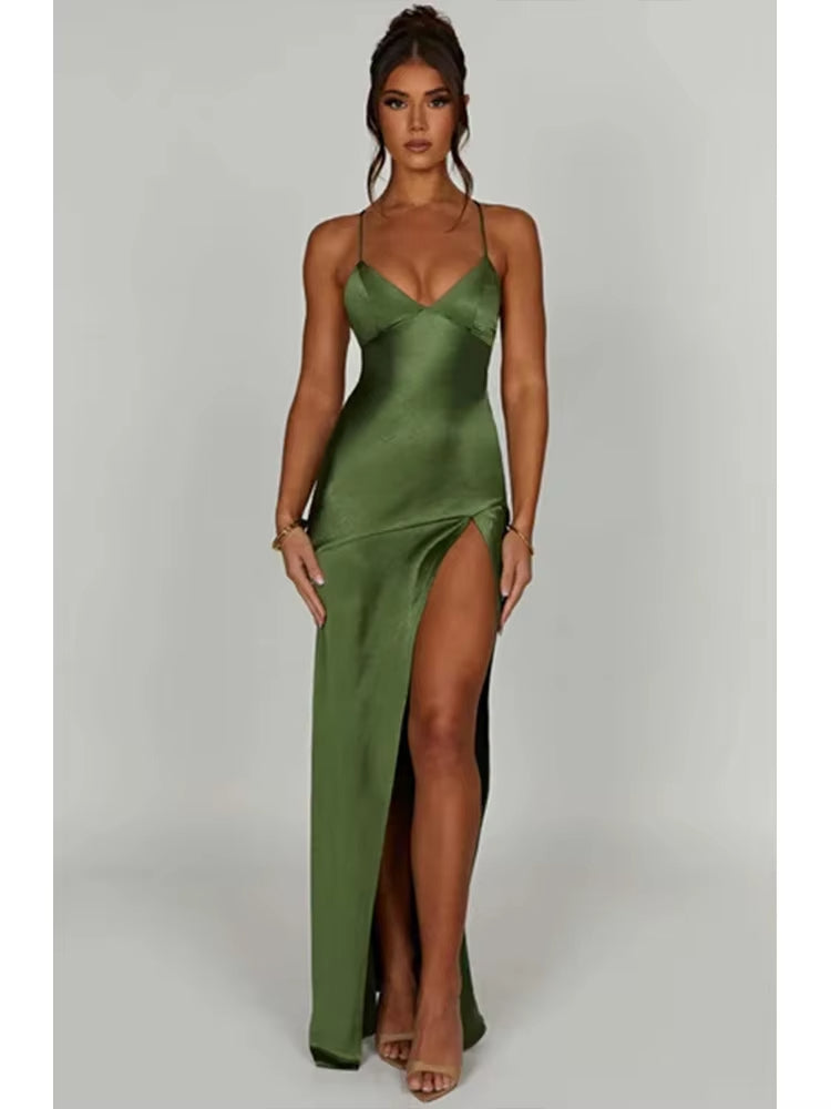 Formal Wear Dresses/Bandage Backless Elegant Dress Split Hem Spaghetti Strap Slim Cocktail Party Club Fashion Satin Solid Lace-Up Long Prom Dresses/Prom Dresses Stores