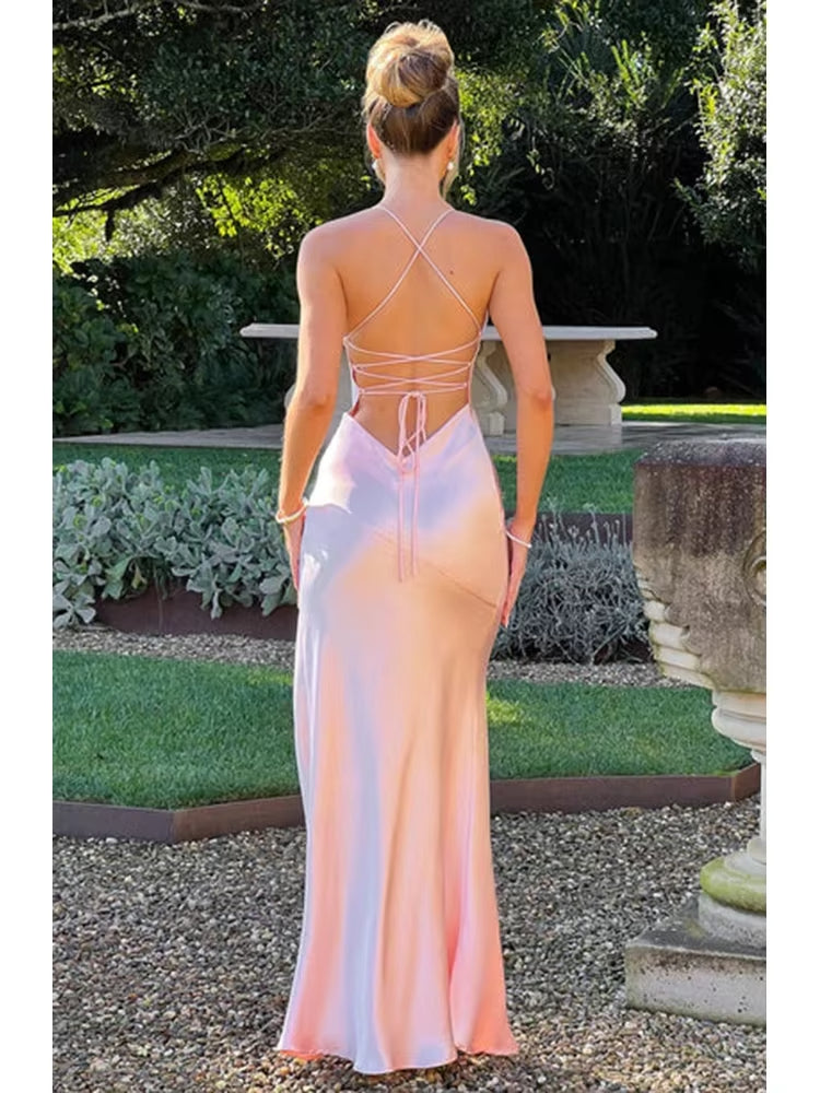 Formal Wear Dresses/Bandage Backless Elegant Dress Split Hem Spaghetti Strap Slim Cocktail Party Club Fashion Satin Solid Lace-Up Long Prom Dresses/Prom Dresses Stores
