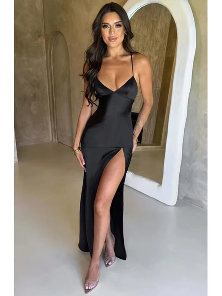 Formal Wear Dresses/Bandage Backless Elegant Dress Split Hem Spaghetti Strap Slim Cocktail Party Club Fashion Satin Solid Lace-Up Long Prom Dresses/Prom Dresses Stores