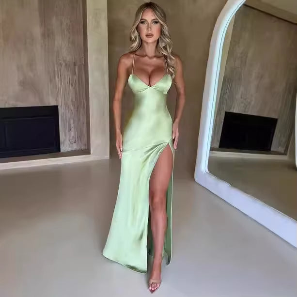 Formal Wear Dresses/Bandage Backless Elegant Dress Split Hem Spaghetti Strap Slim Cocktail Party Club Fashion Satin Solid Lace-Up Long Prom Dresses/Prom Dresses Stores