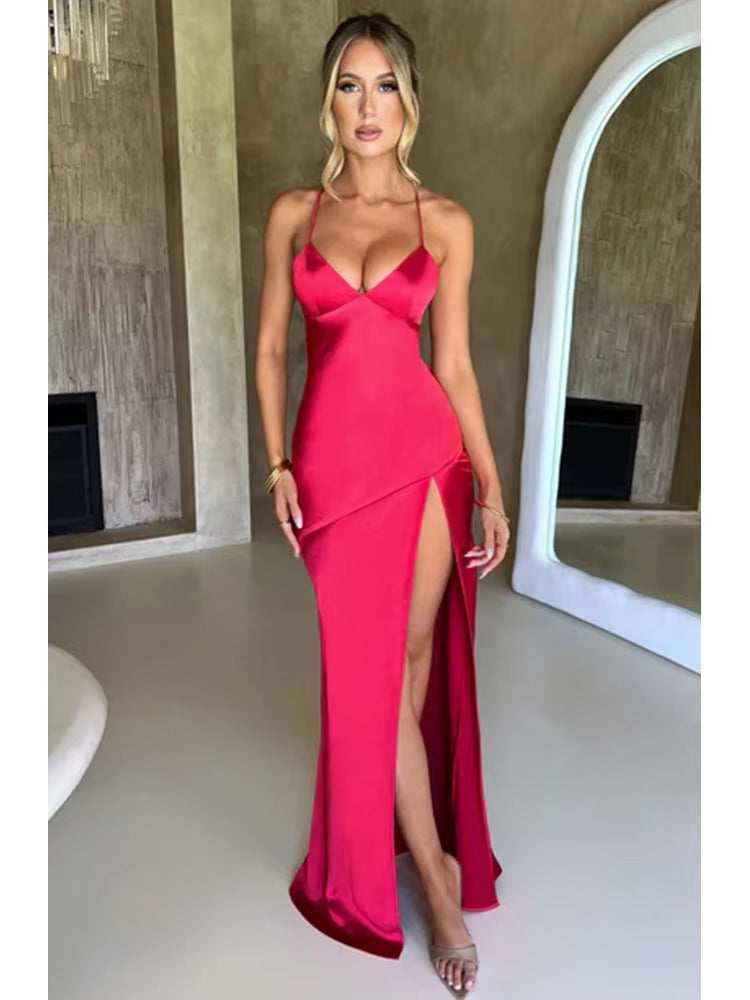 Formal Wear Dresses/Bandage Backless Elegant Dress Split Hem Spaghetti Strap Slim Cocktail Party Club Fashion Satin Solid Lace-Up Long Prom Dresses/Prom Dresses Stores