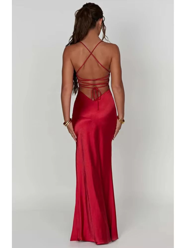 Formal Wear Dresses/Bandage Backless Elegant Dress Split Hem Spaghetti Strap Slim Cocktail Party Club Fashion Satin Solid Lace-Up Long Prom Dresses/Prom Dresses Stores