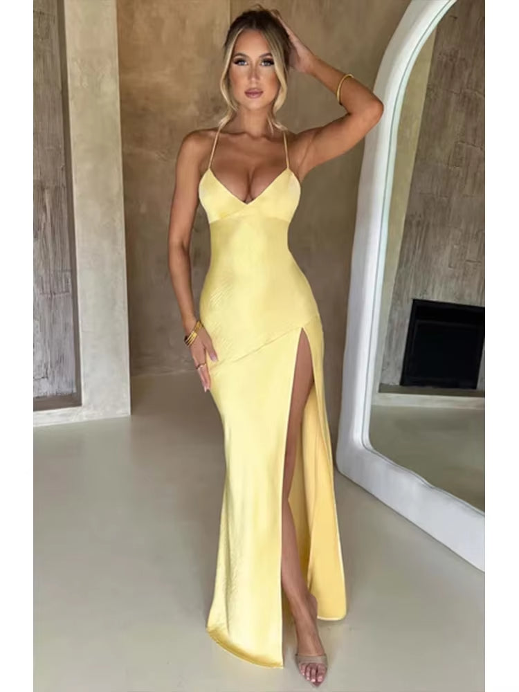 Formal Wear Dresses/Bandage Backless Elegant Dress Split Hem Spaghetti Strap Slim Cocktail Party Club Fashion Satin Solid Lace-Up Long Prom Dresses/Prom Dresses Stores