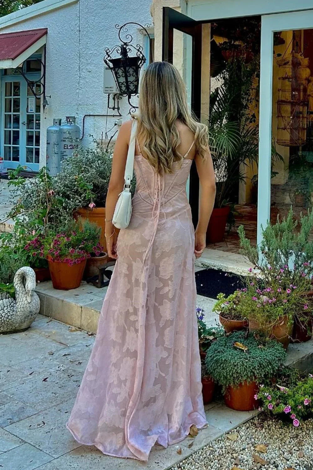 Vestido de fiesta de encaje sin mangas, largo hasta el suelo, color marfil, con tirantes finos 