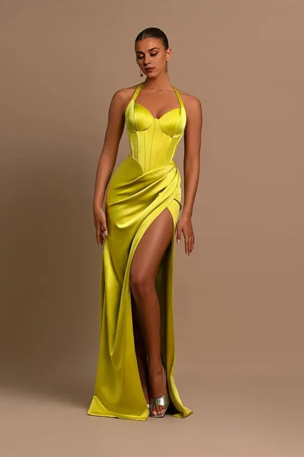 Formal Wear Dresses Fashionable Yellow Halter Neck Sleeveless Mermaid Prom Dress With Split Evening Dresses Prom Dresses Stores