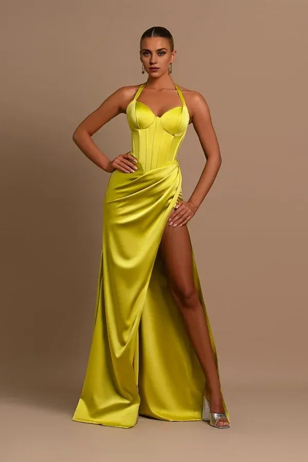 Formal Wear Dresses Fashionable Yellow Halter Neck Sleeveless Mermaid Prom Dress With Split Evening Dresses Prom Dresses Stores