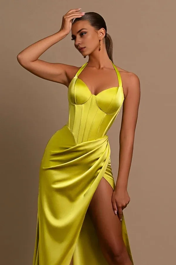 Formal Wear Dresses Fashionable Yellow Halter Neck Sleeveless Mermaid Prom Dress With Split Evening Dresses Prom Dresses Stores