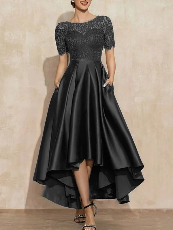 Formal Women's Dresses A-Line Scoop Neck Asymmetrical Satin Lace Mother of the Bride Dress With Pockets Free Custom Size Mother of the Bride Dress