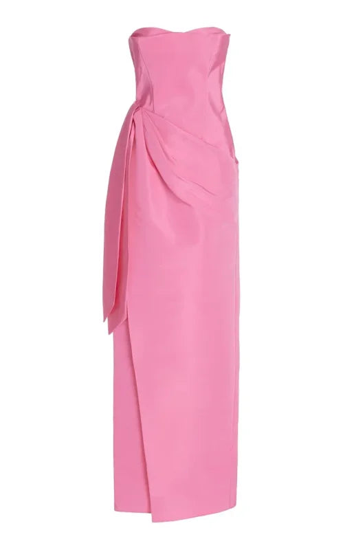 Formal dress Off-the-Shoulder Pleated Elegant Pink Strapless Long Slimming Prom Dress