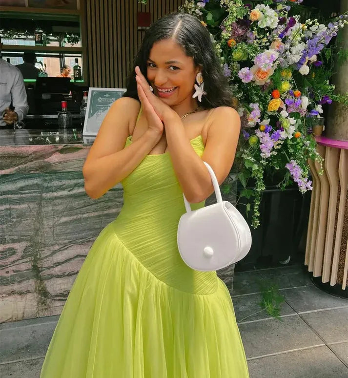 Fresh A-Line Spaghetti Strap V Neck Tulle Ankle Length Casual Bridesmaid Dress