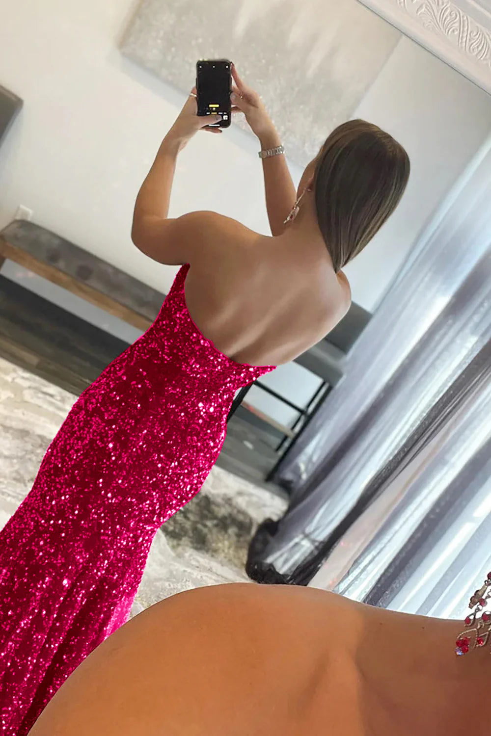 Off-the-Shoulder Sequins Mermaid Strapless Long Prom Dress With Slit