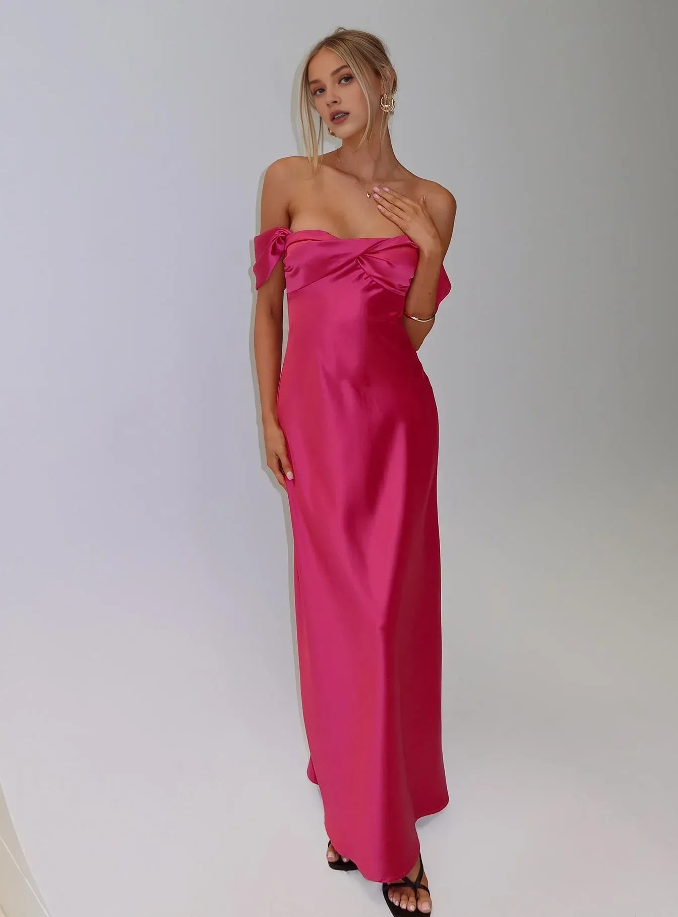 Fuchsia Satin Off - Shoulder Maxi Dress Column Backless Solid Color Prom Dresses