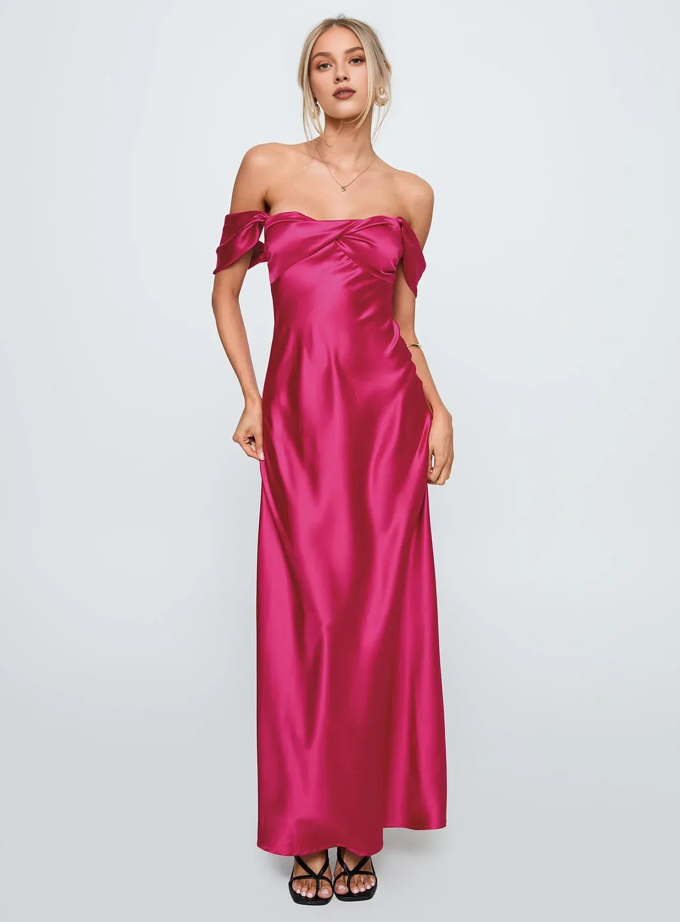 Fuchsia Satin Off - Shoulder Maxi Dress Column Backless Solid Color Prom Dresses