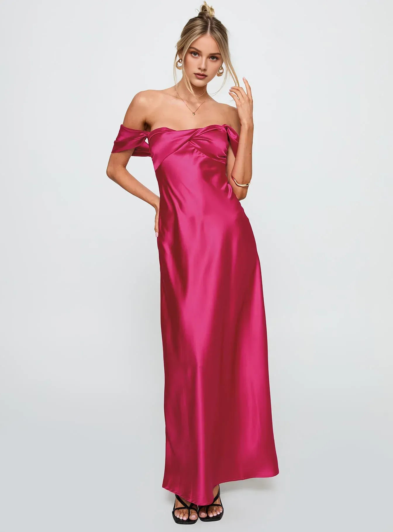 Fuchsia Satin Off - Shoulder Maxi Dress Column Backless Solid Color Prom Dresses
