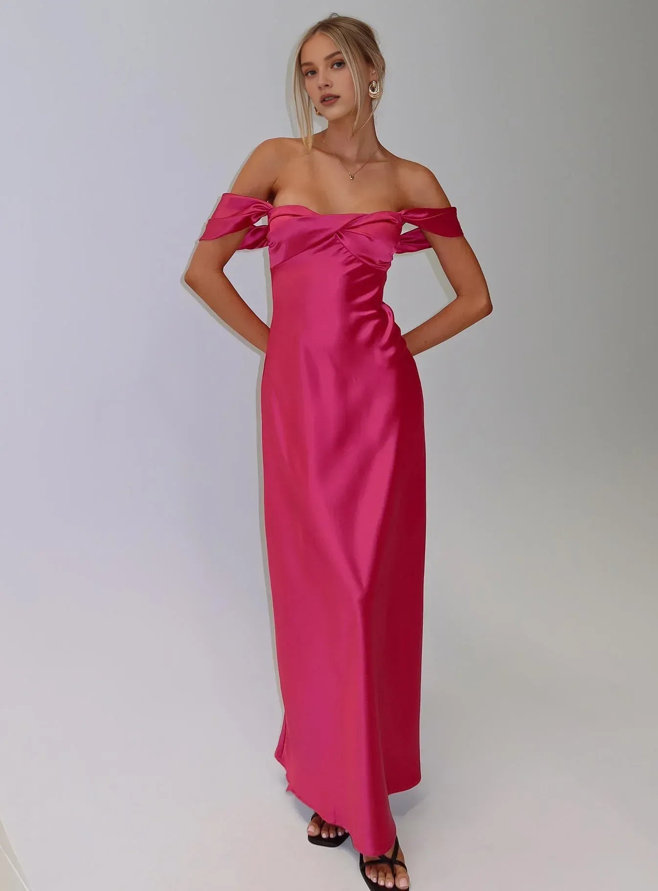Fuchsia Satin Off - Shoulder Maxi Dress Column Backless Solid Color Prom Dresses