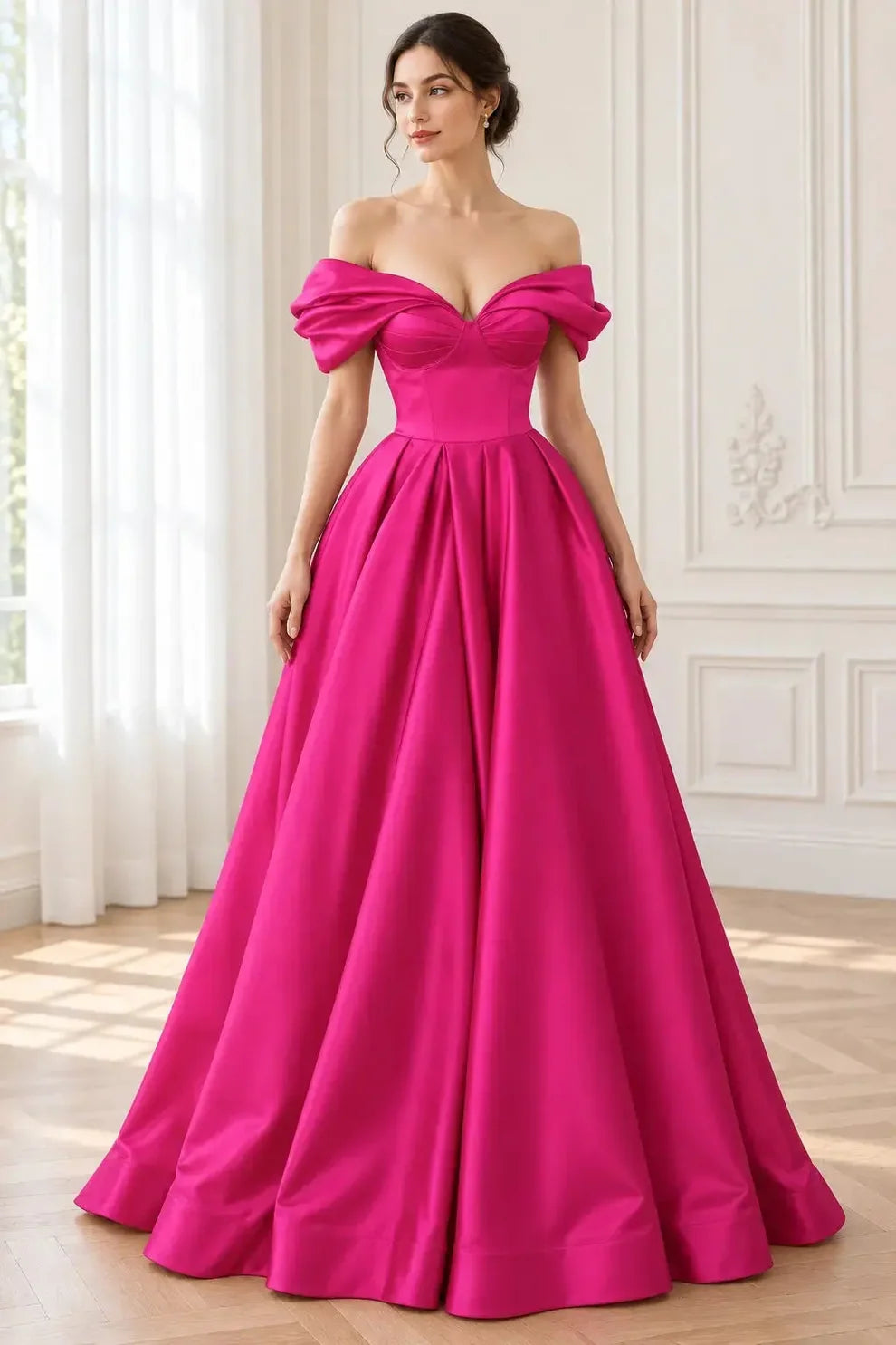 Hot Pink Satin ball-gown off-the-shoulder zipper-back floor-length Dress