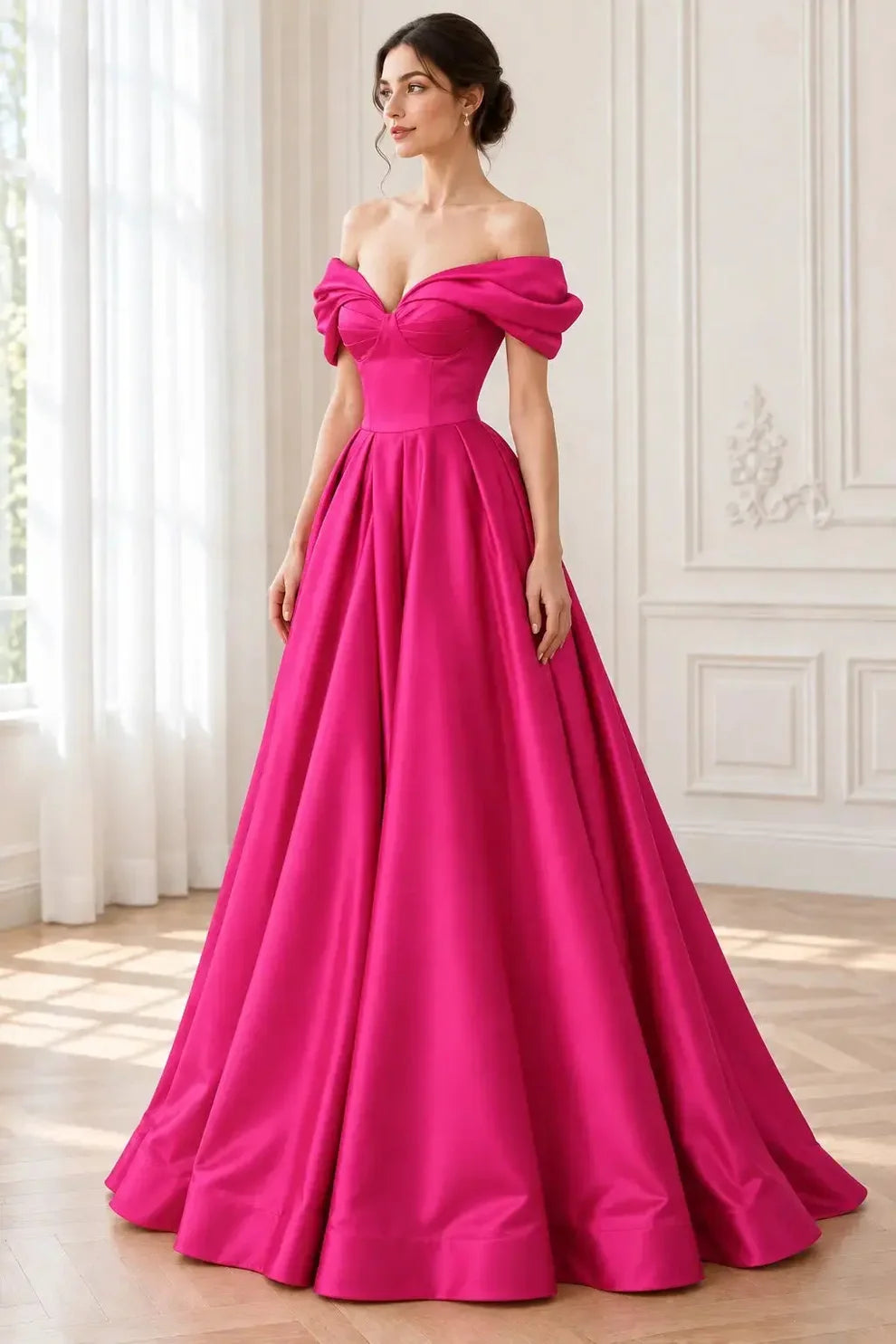 Hot Pink Satin ball-gown off-the-shoulder zipper-back floor-length Dress