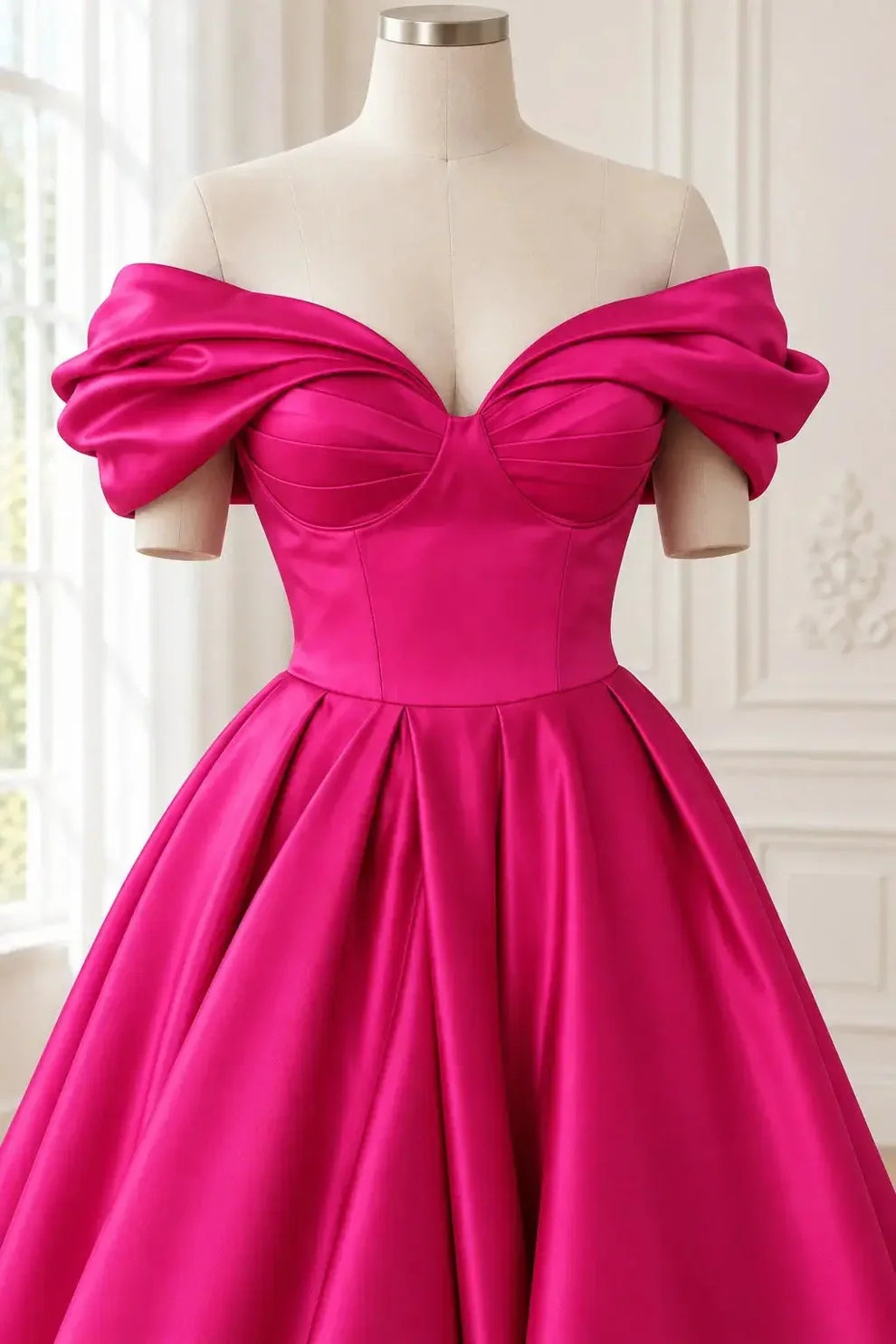 Hot Pink Satin ball-gown off-the-shoulder zipper-back floor-length Dress