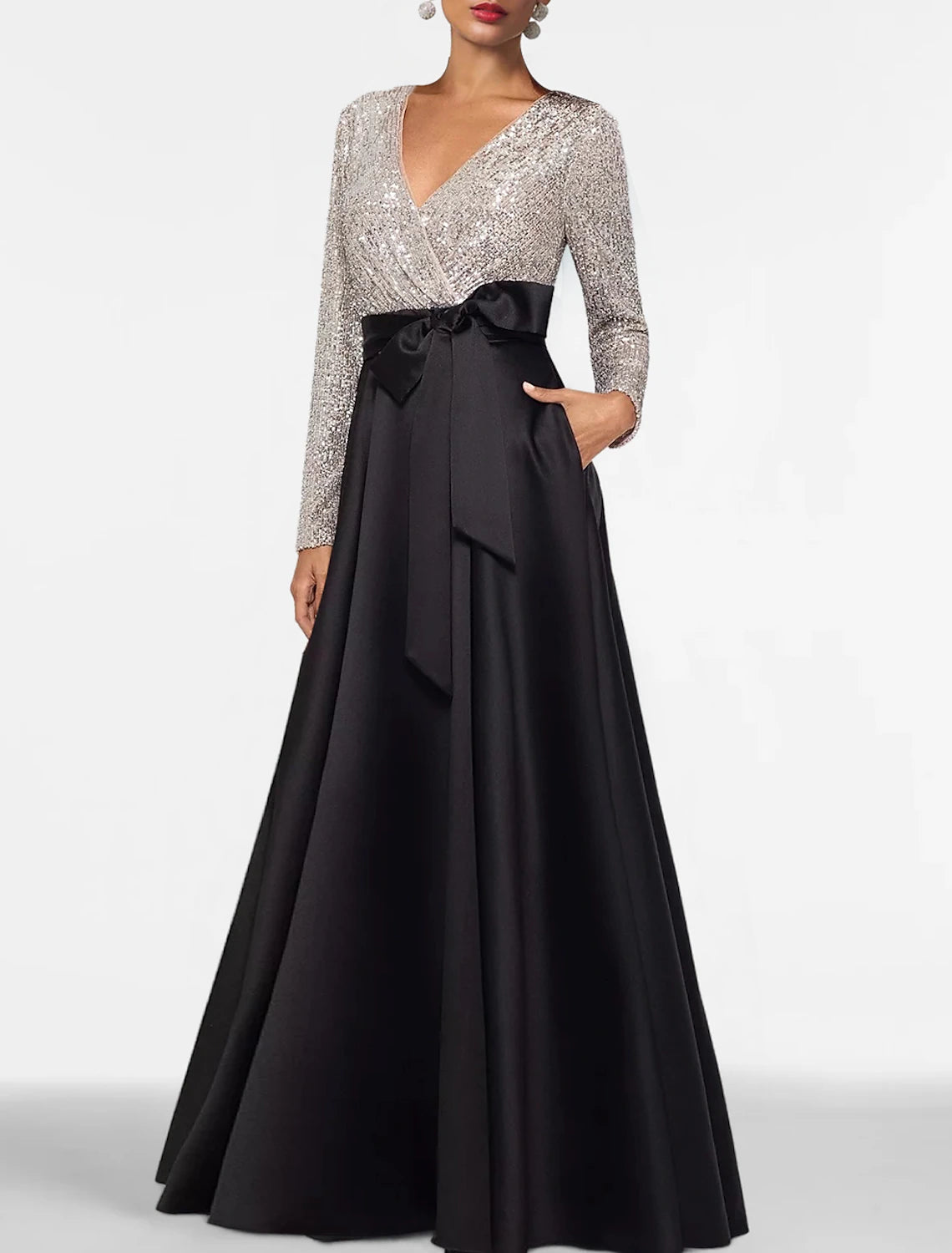 Weitese A-Line Evening Gown Elegant Dress Formal Floor Length Long Sleeve V Neck Fall Wedding Guest Satin with Sequin Pocket