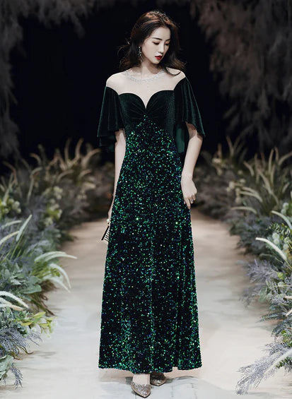 Vestido de fiesta largo estilo sirena de terciopelo y lentejuelas verde oscuro