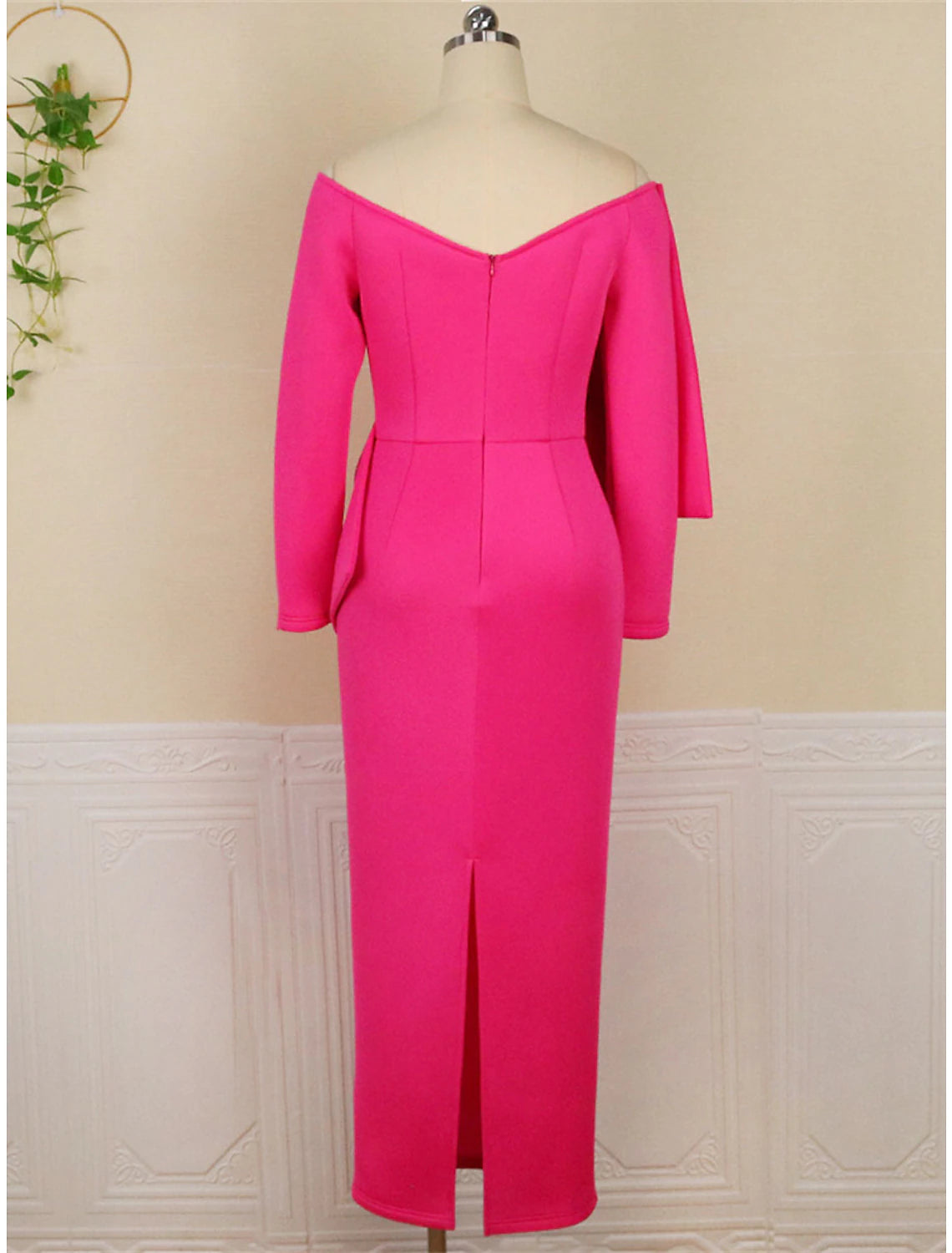 Robe de soirée moulante grande taille pour femme, robe fourreau moulante, robe longue unie, robe longue à manches longues, nœud, col en V, mode fête, fuchsia, automne hiver