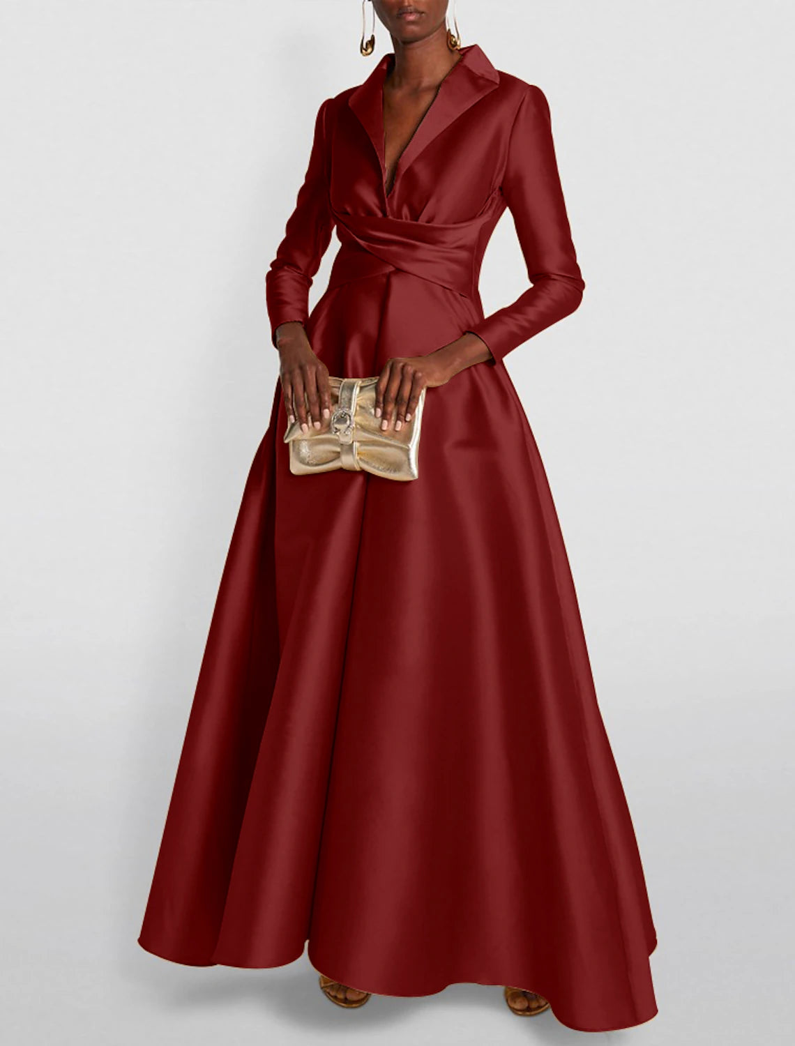 Weitese A-Line Evening Gown Elegant Red Green Dress Formal Wedding Guest Floor Length Long Sleeve Shirt Collar Satin with Ruched