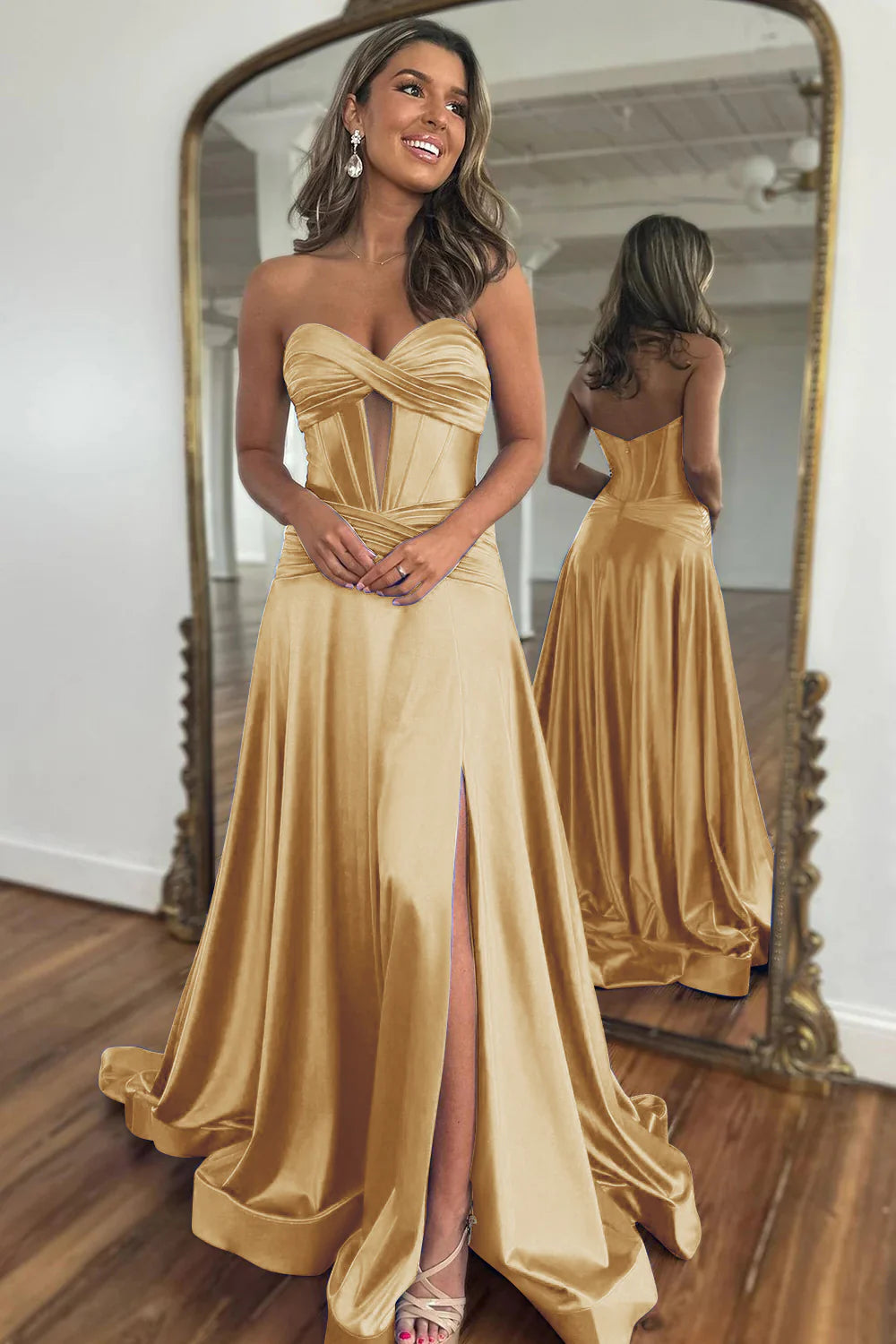 Vestido de fiesta largo de satén dorado con escote en forma de corazón y cremallera en la espalda con abertura