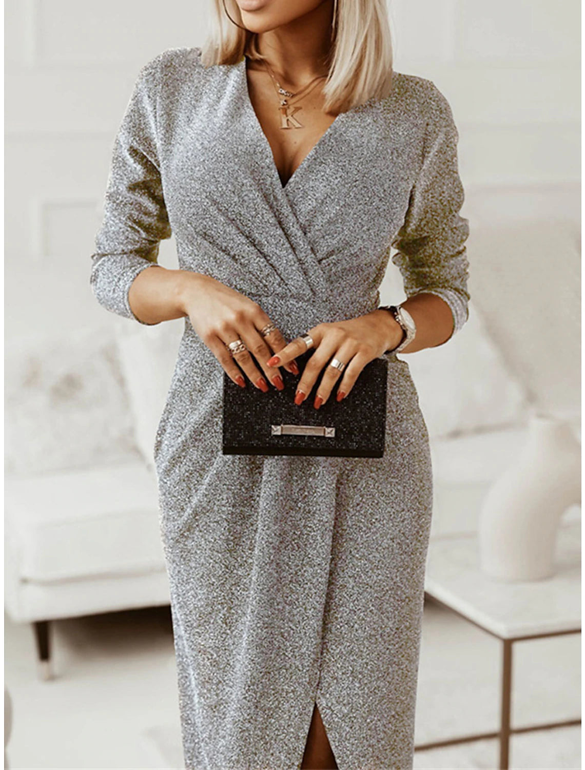 Weitese Women's Prom Dress Party Dress Wedding Guest Dress Long Dress Maxi Dress Silver Black Gold Long Sleeve Pure Color Ruched Fall Winter Autumn V Neck Fashion Winter Dress Birthday Evening Party