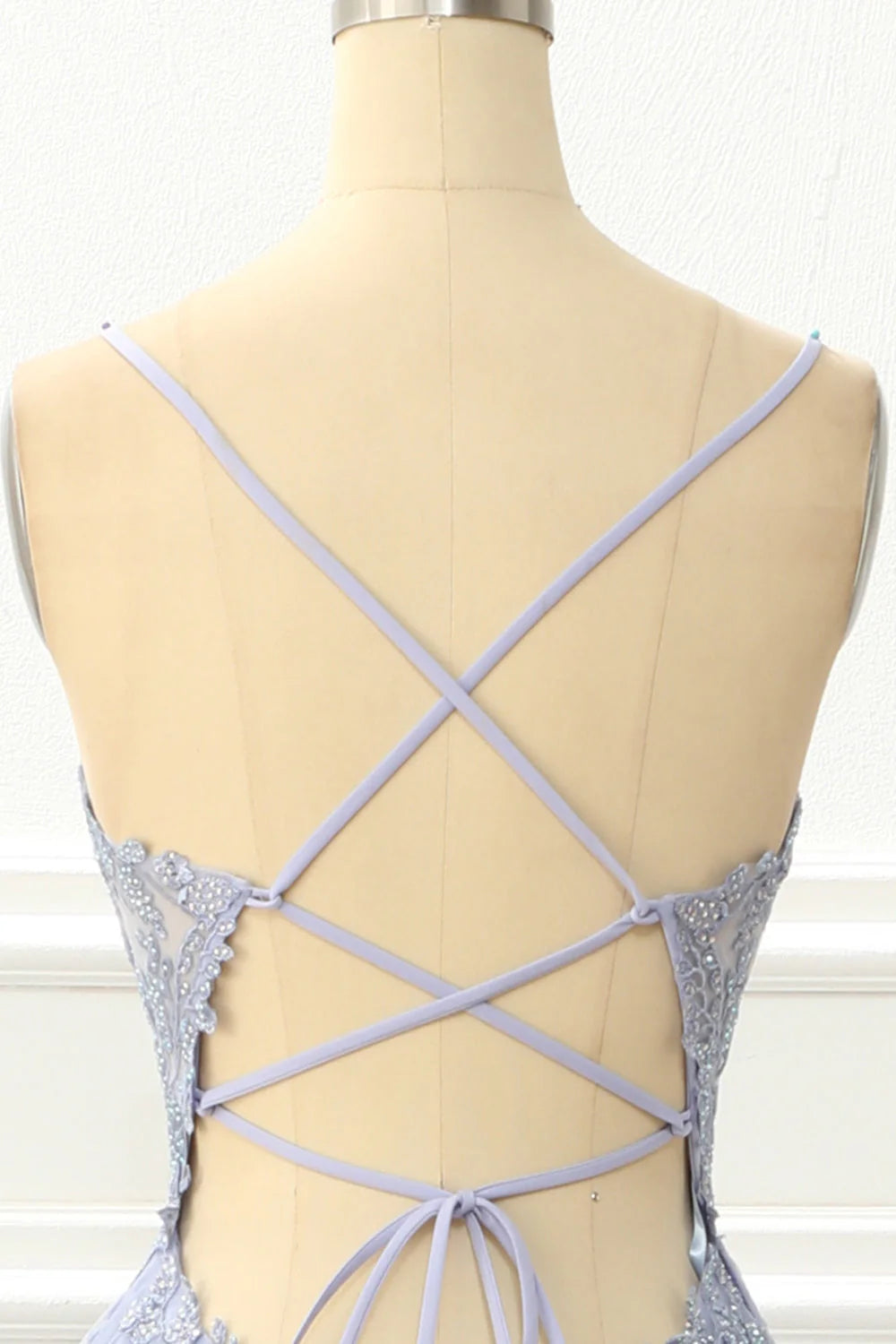 V Neck Spaghetti Straps Tulle Lavender Prom Dress With Appliques