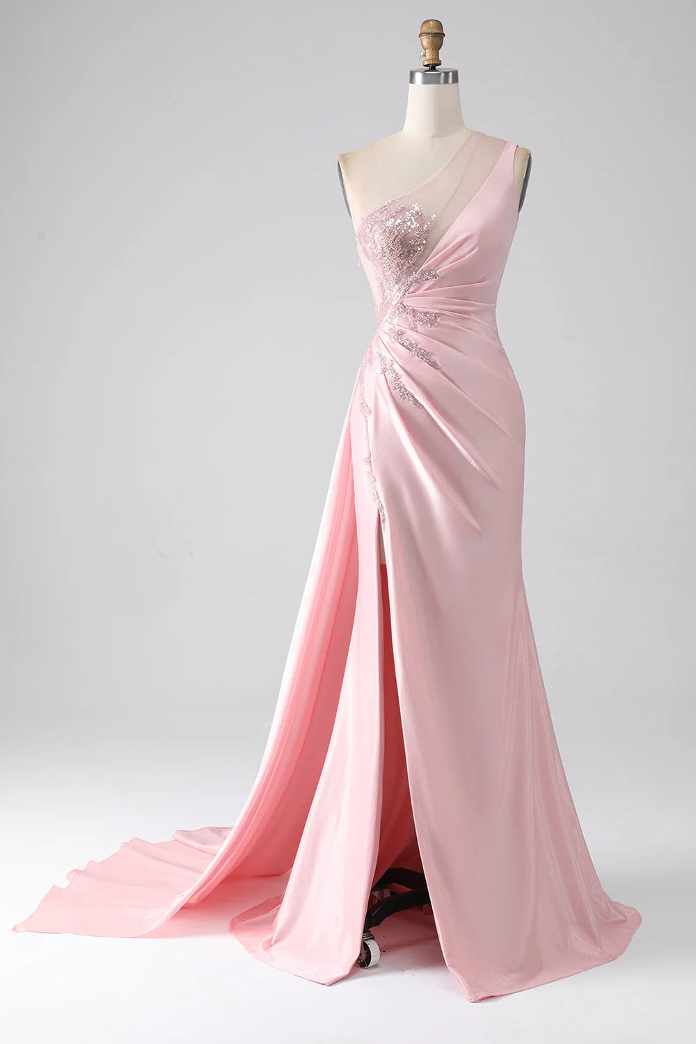 One Shoulder Sequins Appliques Ruched Prom Dress With Slit