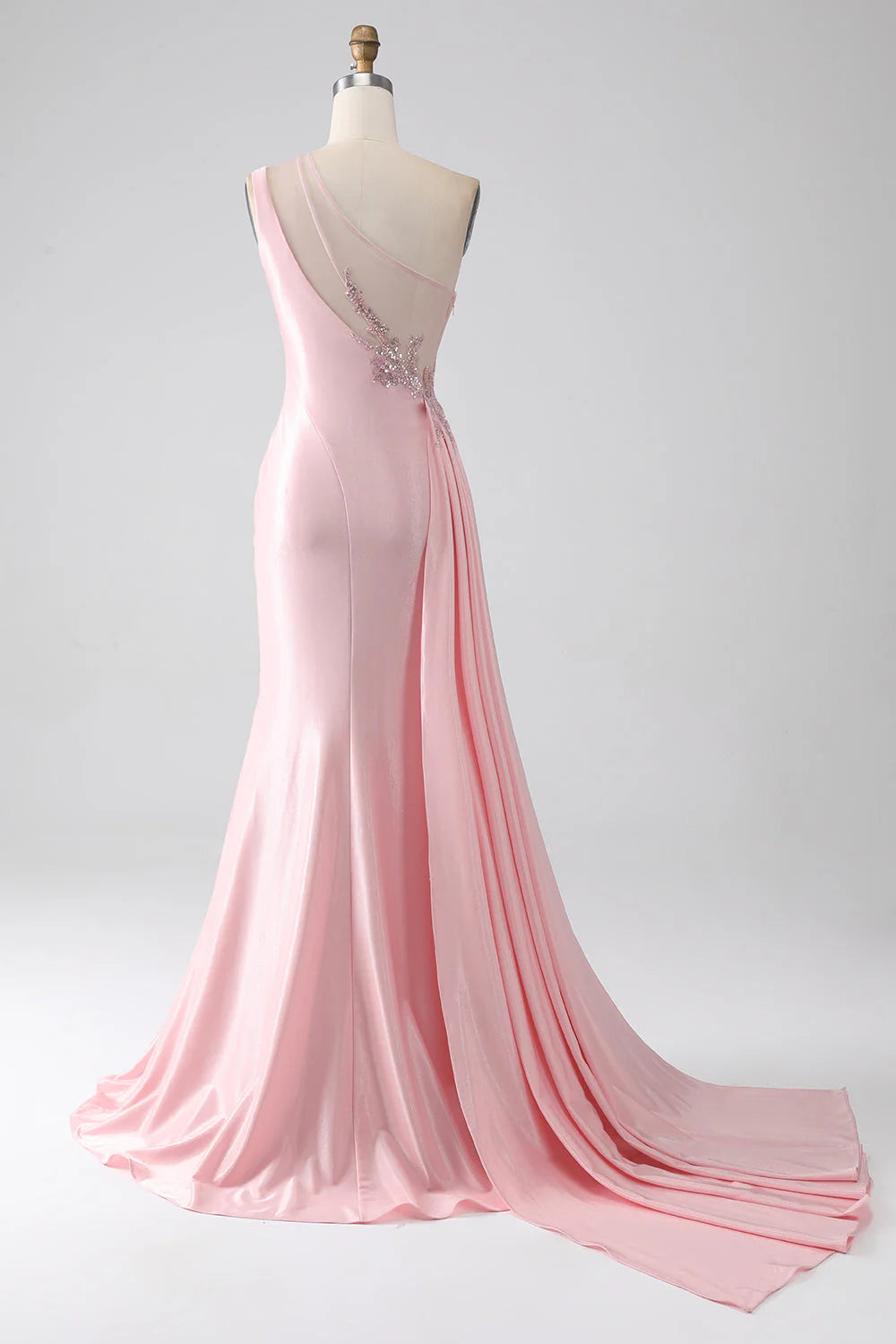One Shoulder Sequins Appliques Ruched Prom Dress With Slit