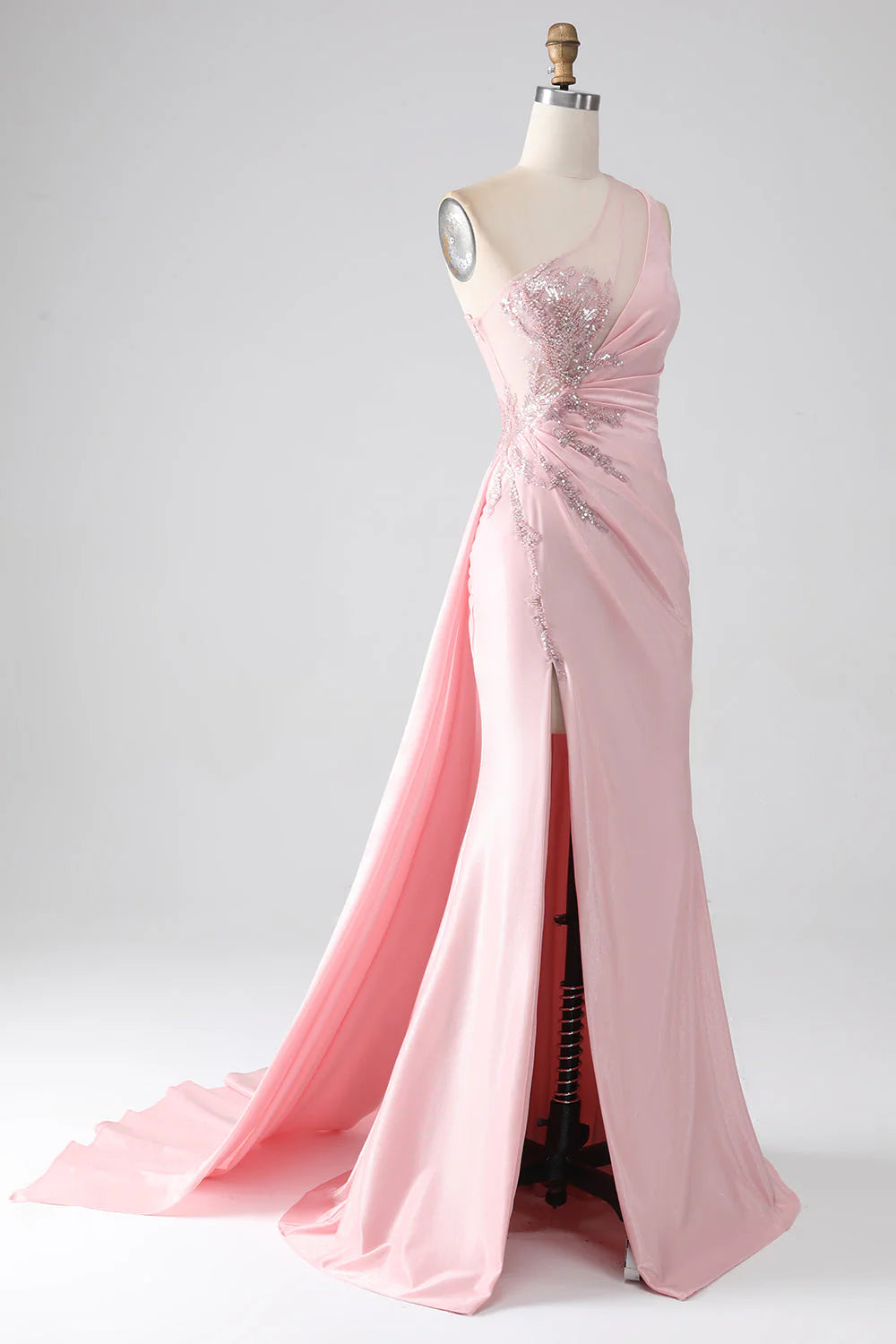 One Shoulder Sequins Appliques Ruched Prom Dress With Slit
