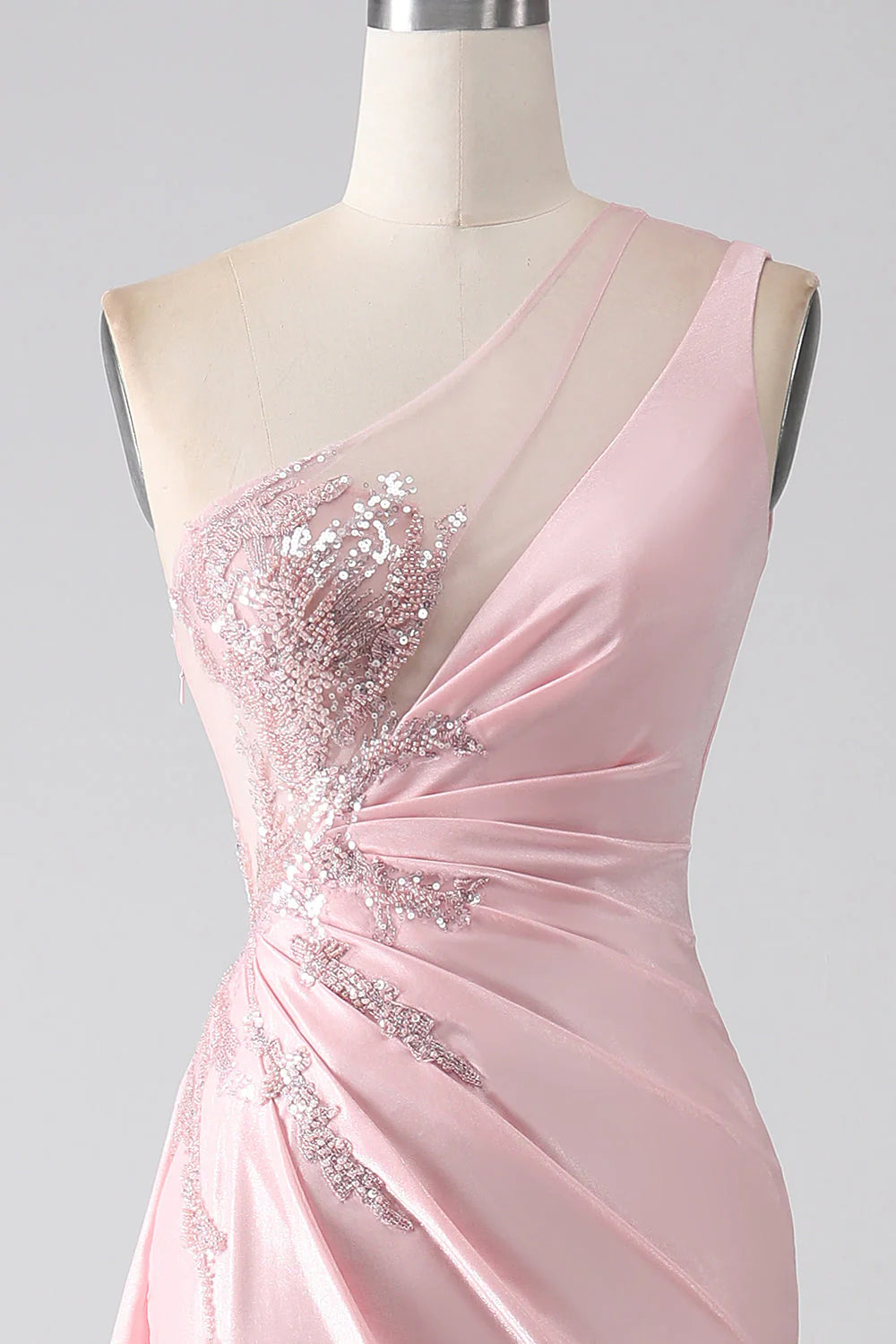 One Shoulder Sequins Appliques Ruched Prom Dress With Slit