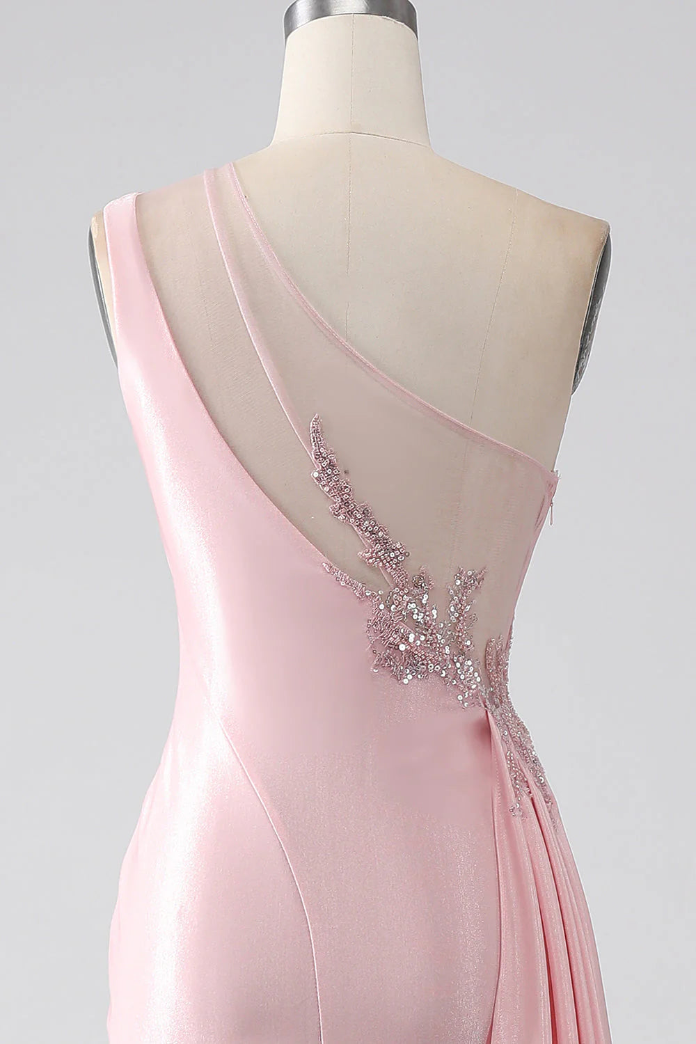 One Shoulder Sequins Appliques Ruched Prom Dress With Slit