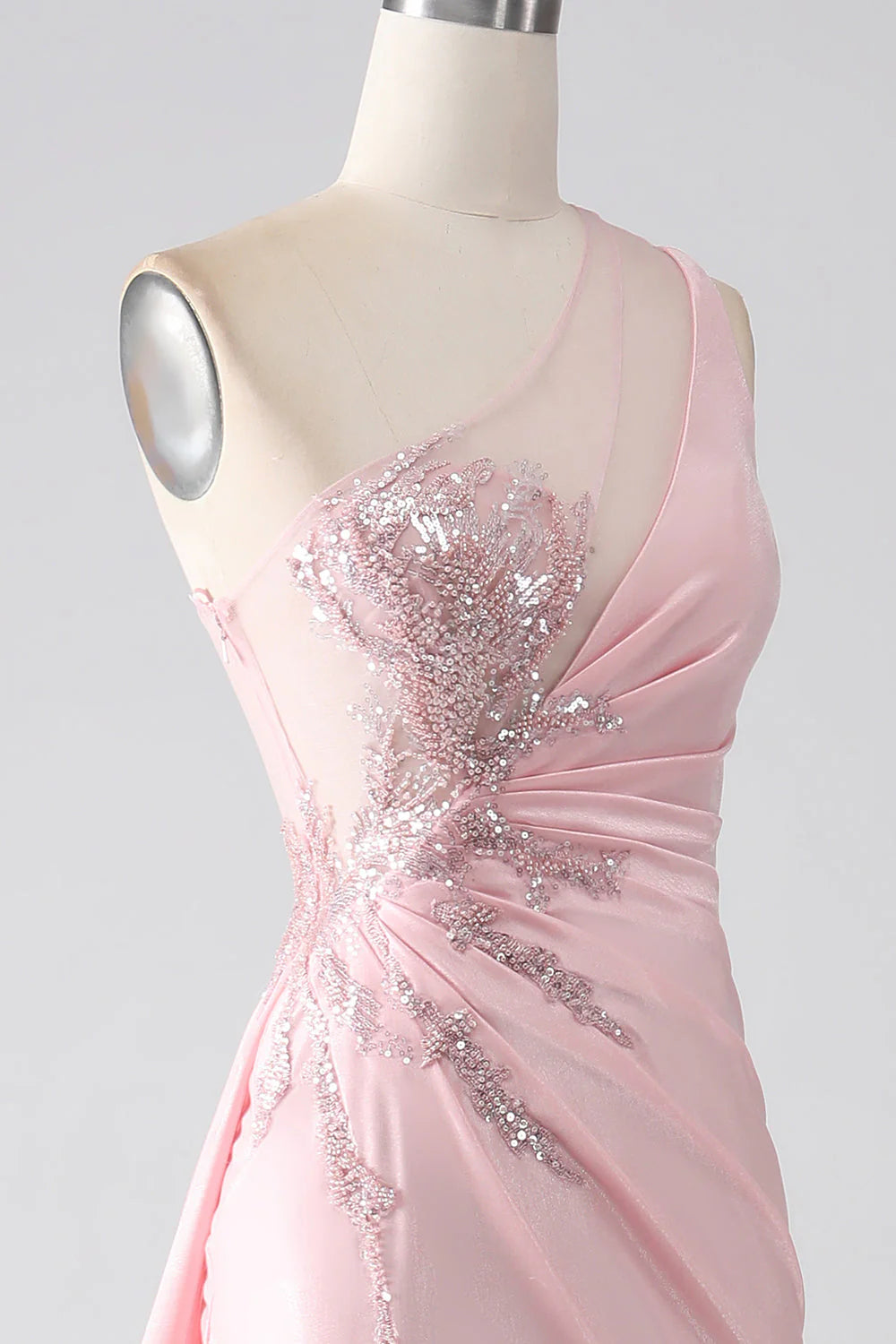 One Shoulder Sequins Appliques Ruched Prom Dress With Slit