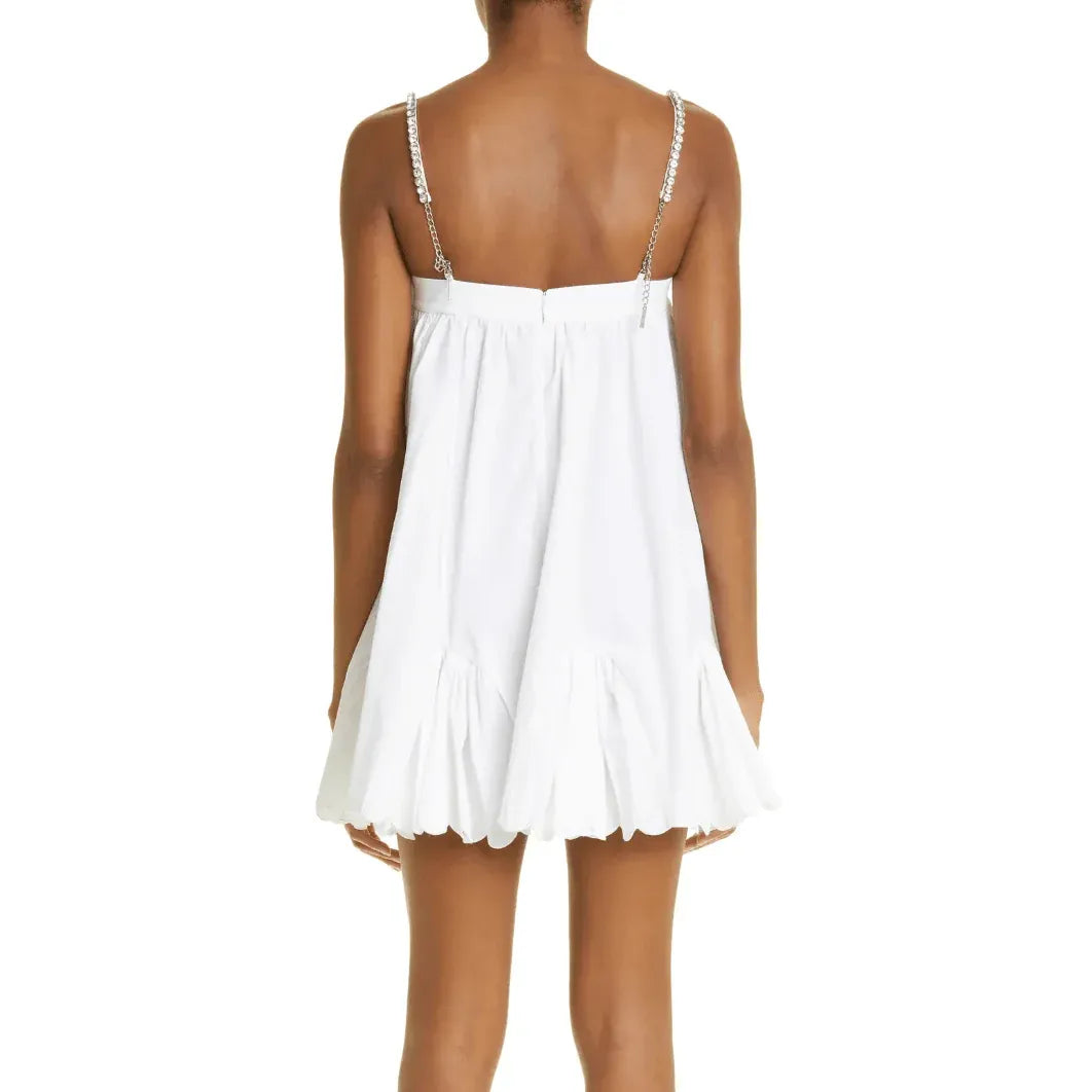 Glam Babydoll Rhinestone-Strap White Mini Homecoming Dress With Scalloped-Hem