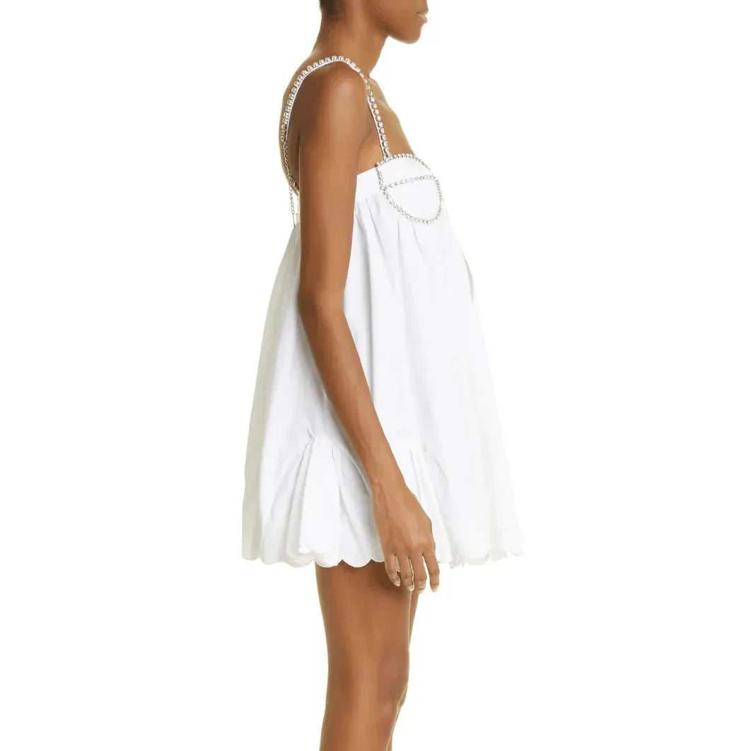 Glam Babydoll Rhinestone-Strap White Mini Homecoming Dress With Scalloped-Hem