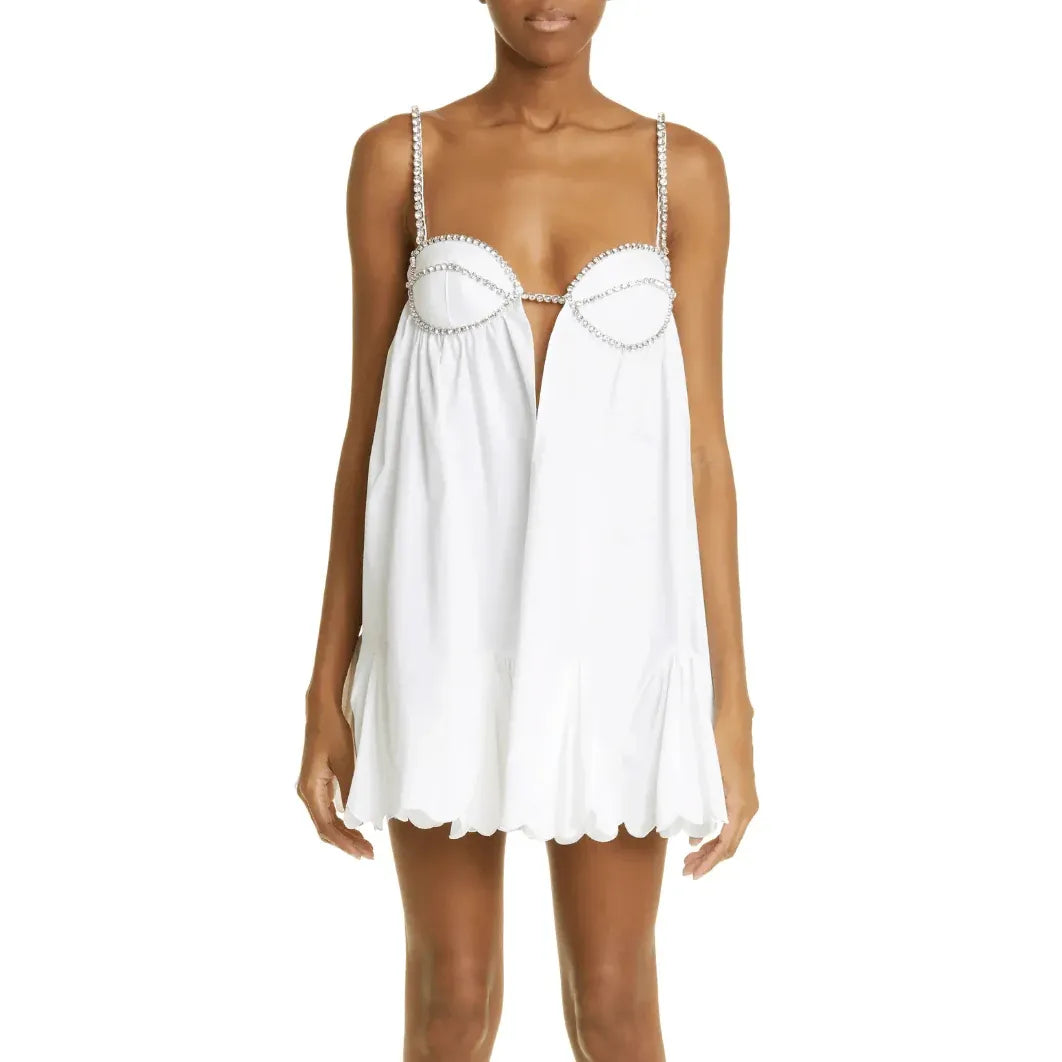 Glam Babydoll Rhinestone-Strap White Mini Homecoming Dress With Scalloped-Hem